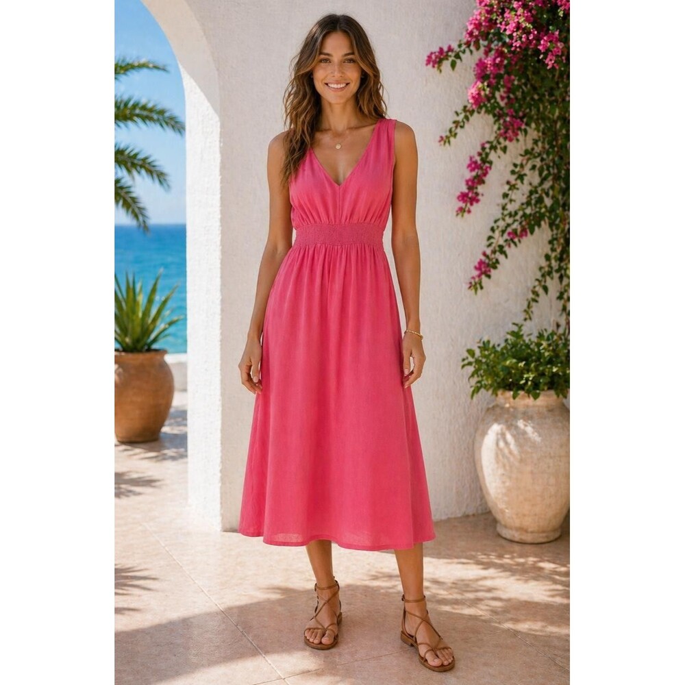 JOIE Women's‎ Midi Dress 100% Linen 6 Pink Sleeveless Smocked Waist Summer